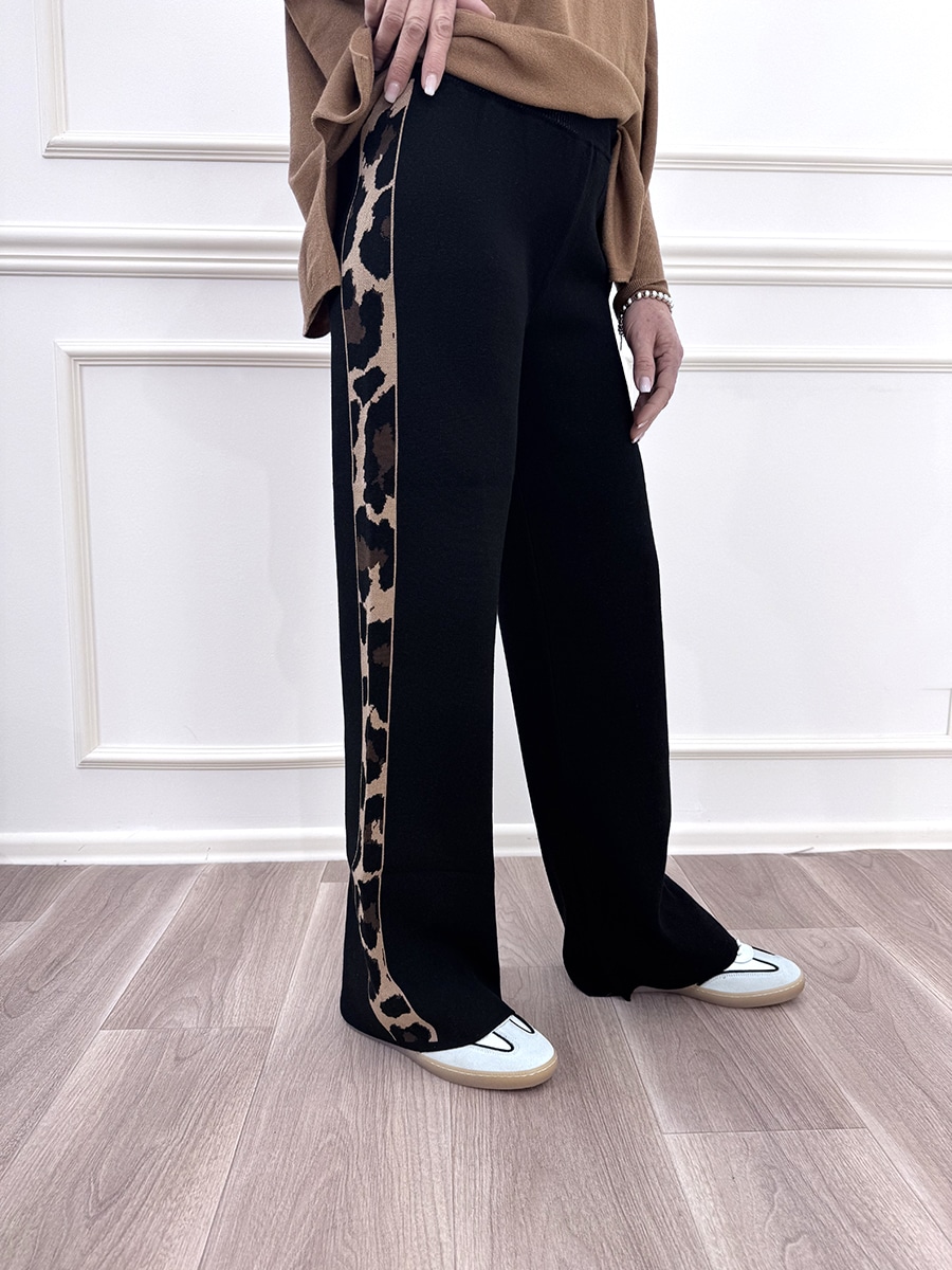 PANTALONE IN MAGLIA CON BANDA ANIMALIER ART. W5HMP03A418 - MOTEL - NERO