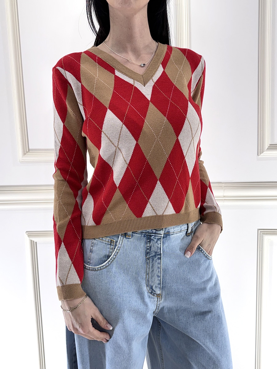 MAGLIA ROMBI SCOLLO V ART. 26140 - TENSIONE IN - CAMEL/ROSSO