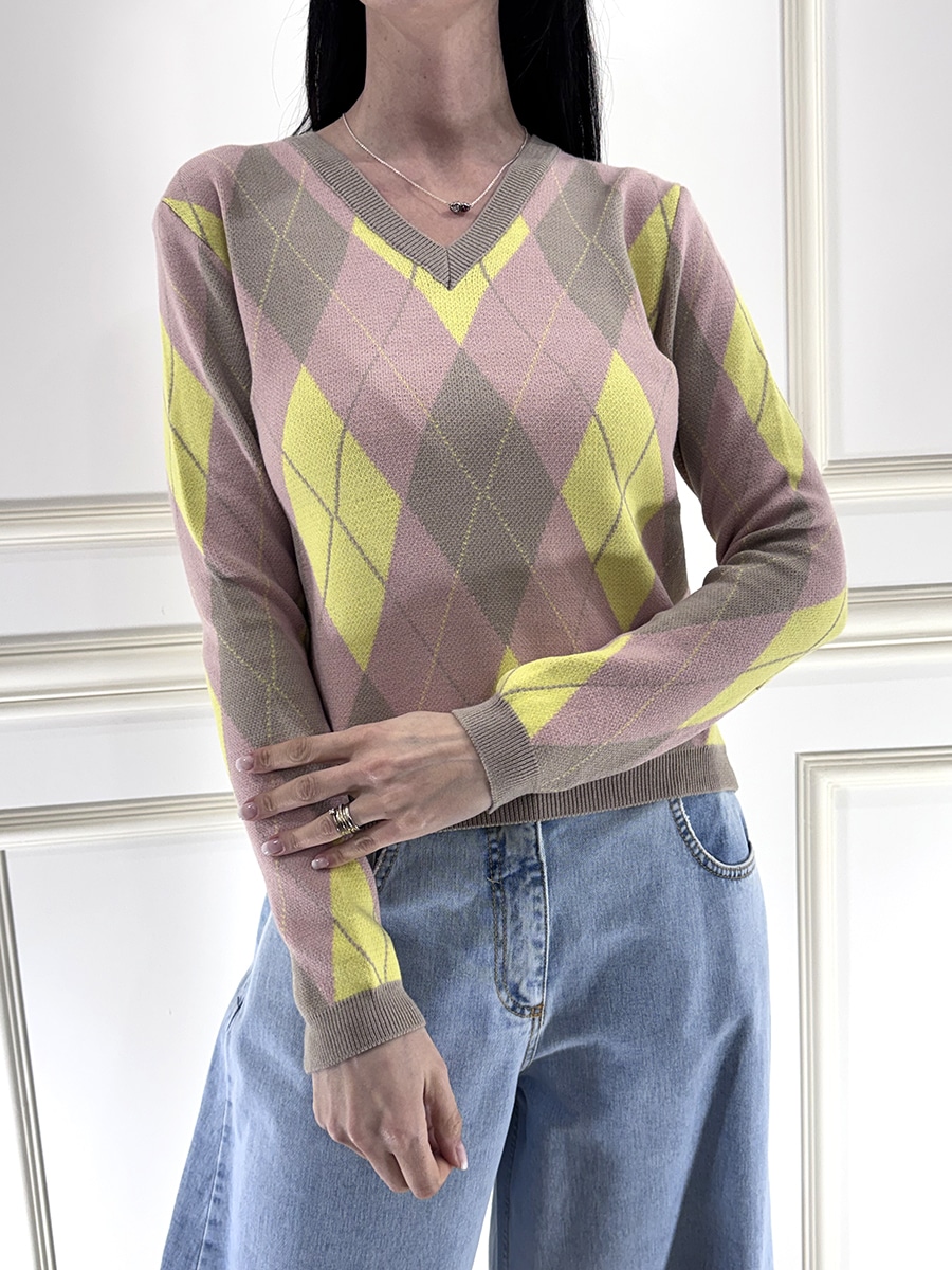 MAGLIA ROMBI SCOLLO V ART. 26140 - TENSIONE IN - GIALLO/ROSA