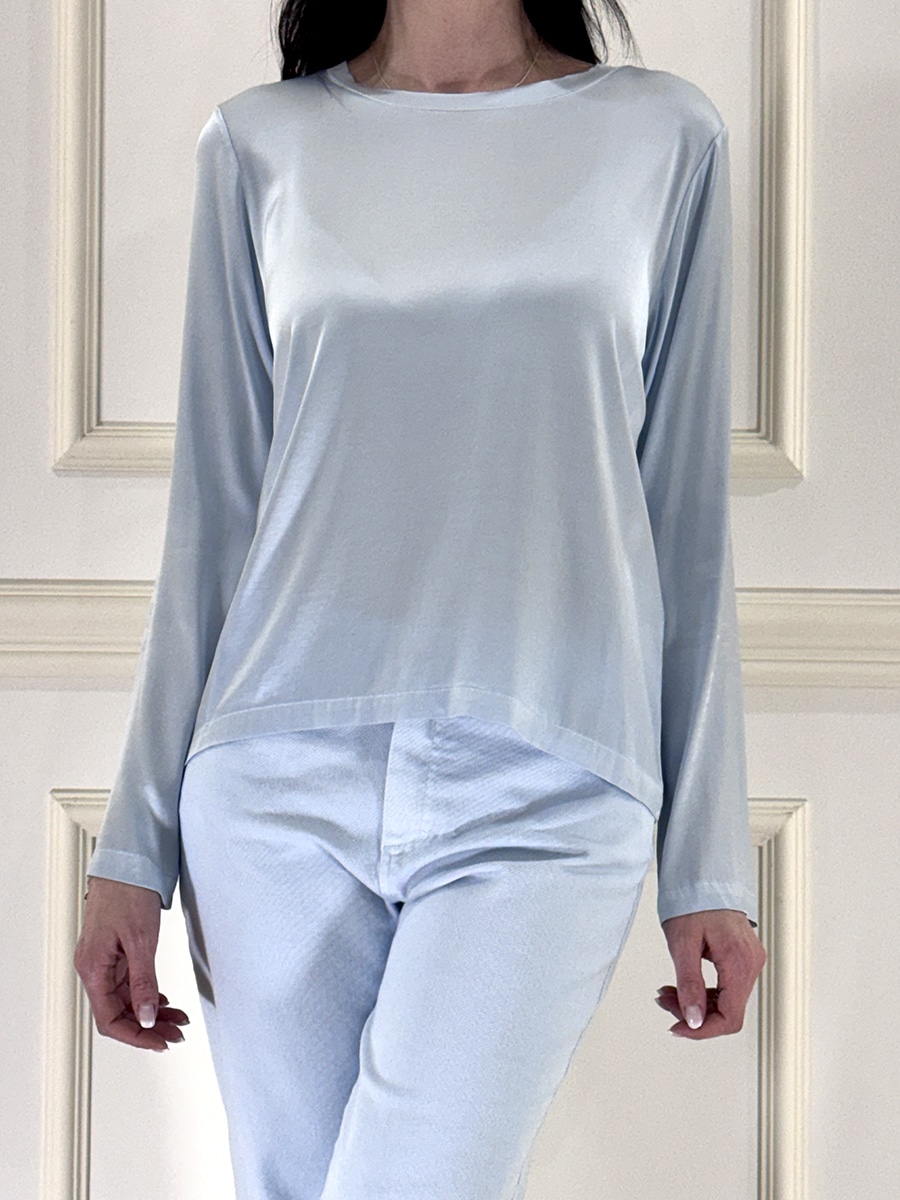 BLUSA SATIN ELASTICIZZATO MANICA LUNGA - VICOLO - AZZURRO, XL