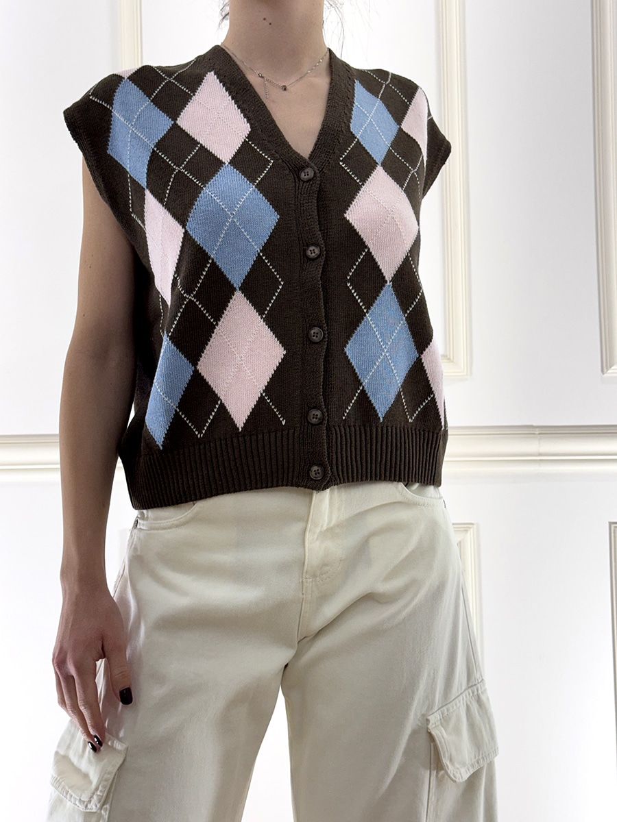 GILET ROMBI SCOLLO V ART. D75629 - TENSIONE IN - MORO/AZZURRO/ROSA