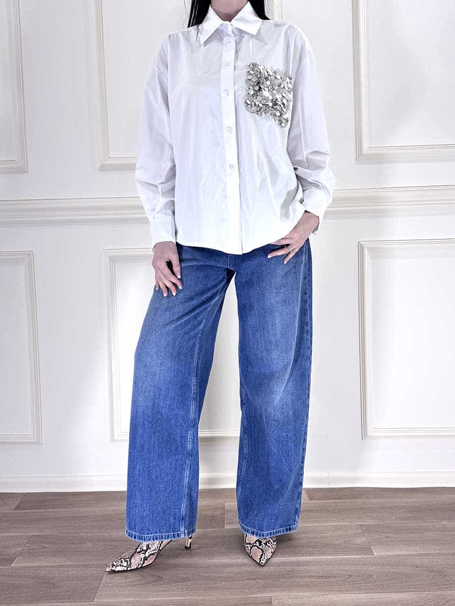CAMICIA OVER TASCHINO PAILLETTES ART. PE260048-U - TENSIONE IN - BIANCO