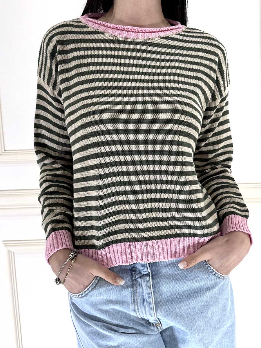 MAGLIA RIGHE PROFILI A CONTRASTO ART. 26135 - TENSIONE IN - ROSA/SABBIA/MILITARE