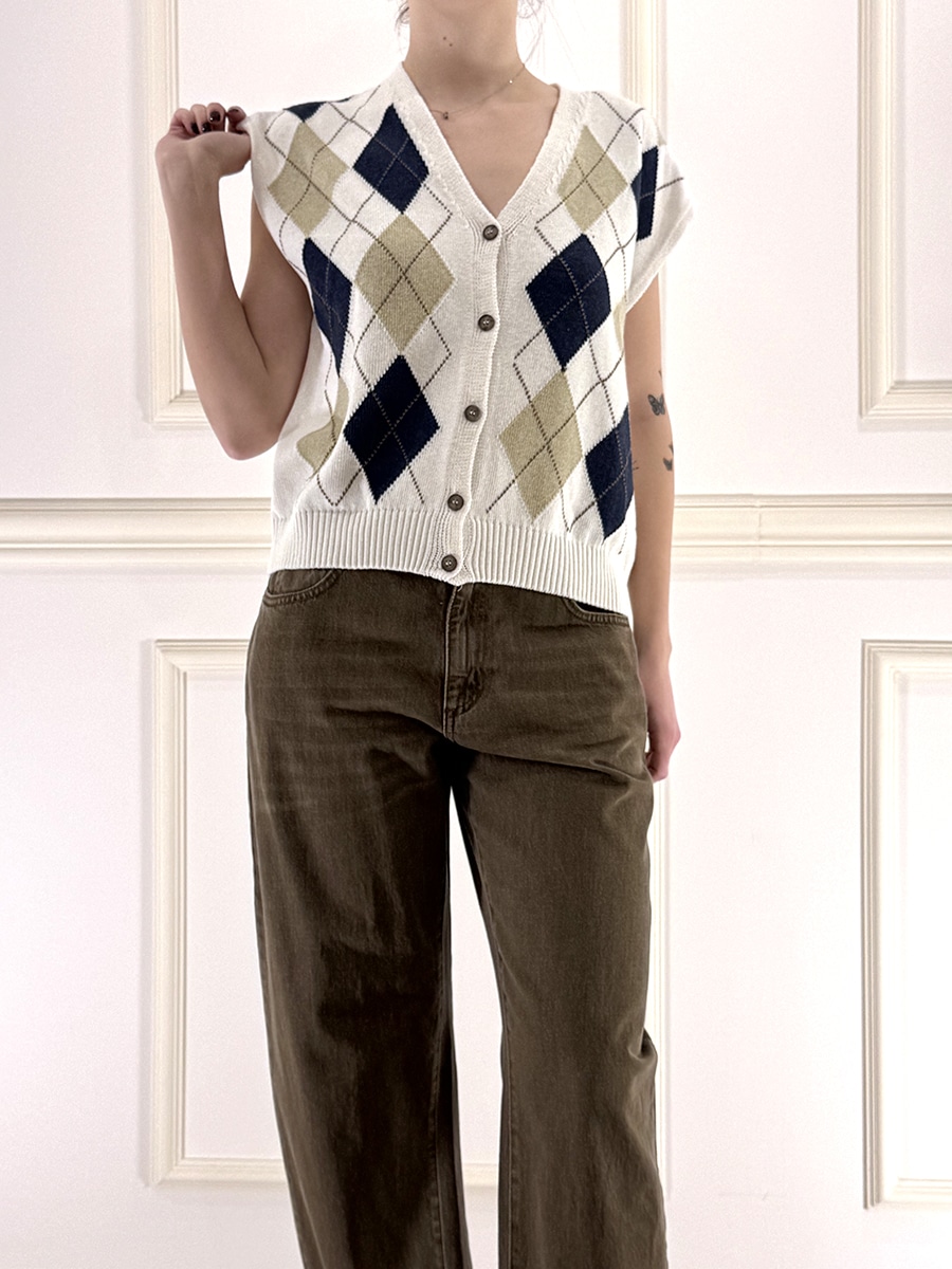 GILET ROMBI SCOLLO V ART. D75629 - TENSIONE IN - BURRO/SABBIA/BLU