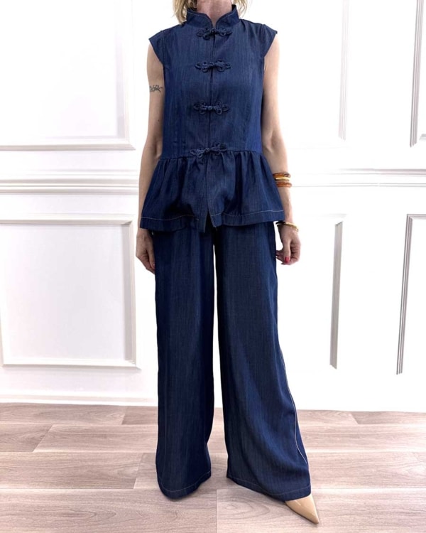 PANTALONE CHAMBRAY CON BORDO IN CONTRASTO ART. S26PE03 - MOTEL - S