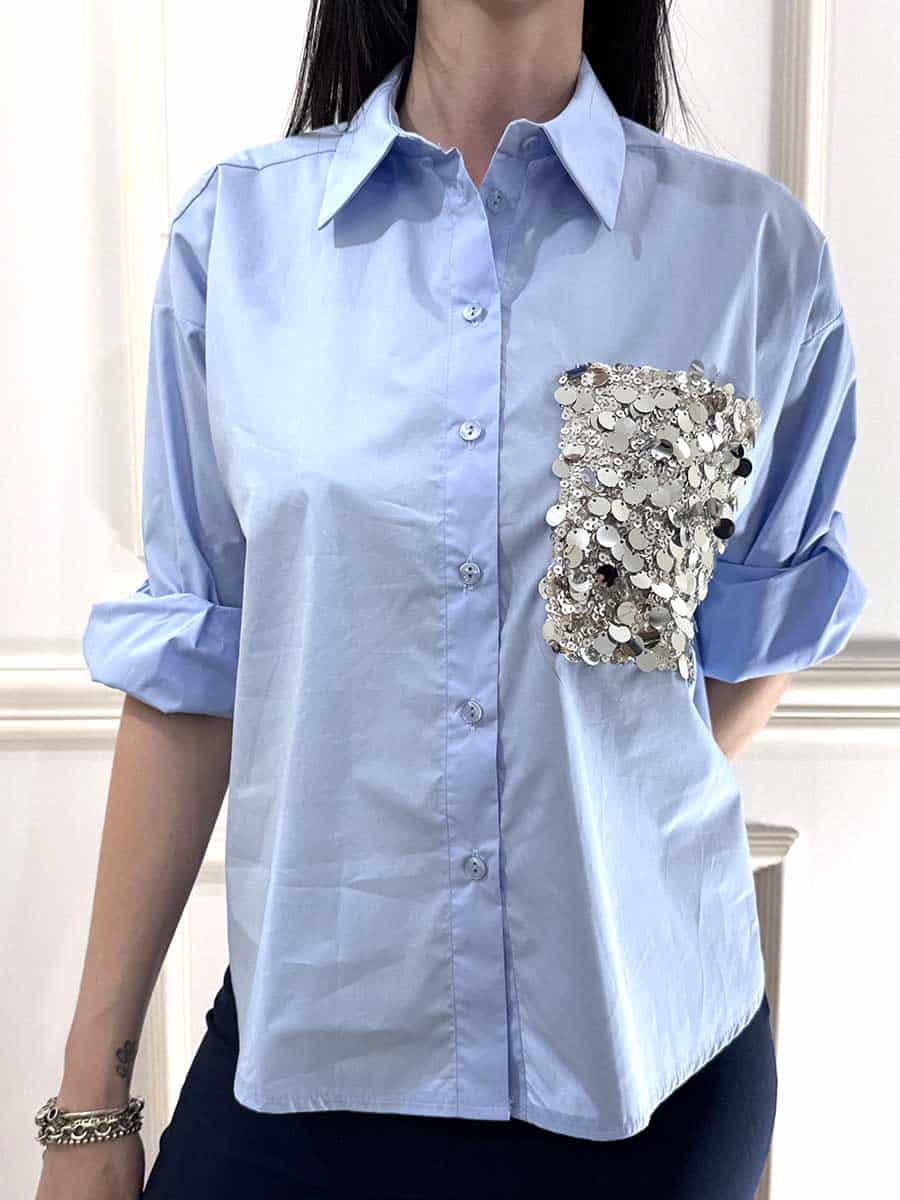 CAMICIA CON TASCHINO IN STRASS ART. S26CD78 - MOTEL - AZZURRO