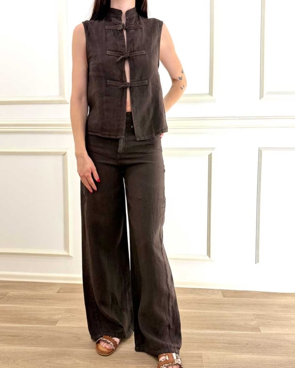 PANTALONE PALAZZO IN LINO ART. P881A223 - DIXIE - CIOCCOLATO, S