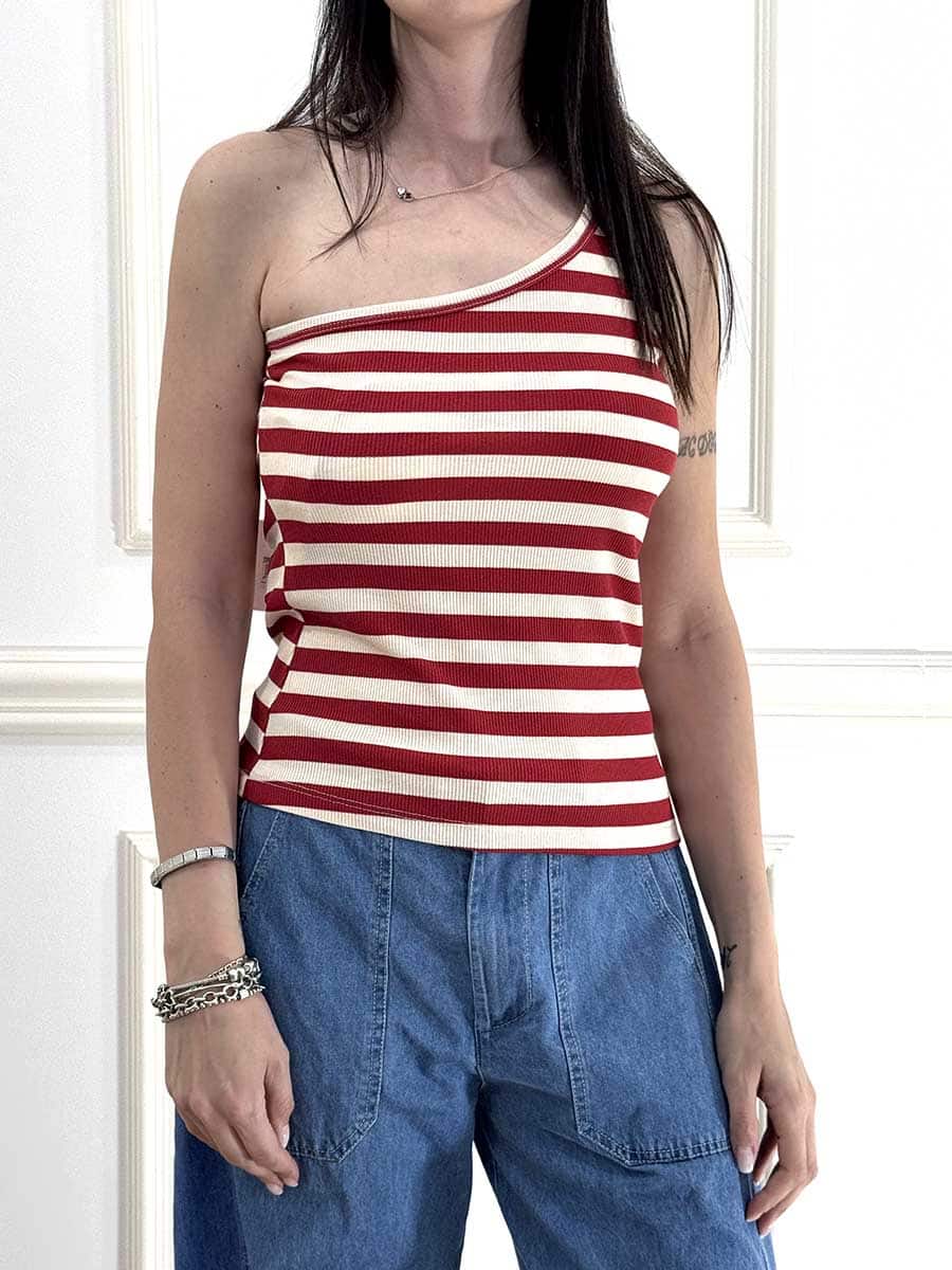 TOP MONOSPALLA A RIGHE ART. 12008 - TENSIONE IN - ROSSO/LATTE