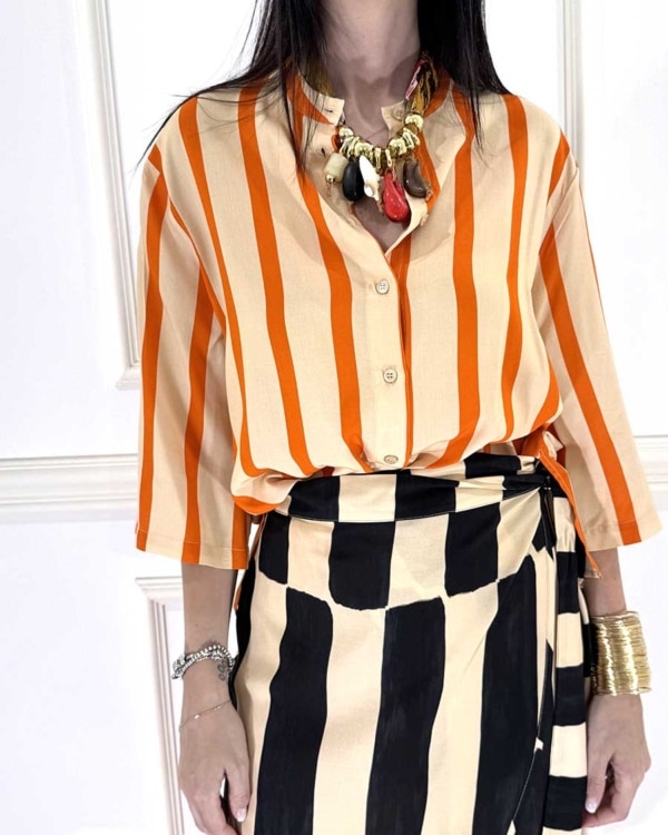 CAMICIA A RIGHE CON NODO FRONTALE E MANICHE 3/4 - DIXIE - M, ARANCIO