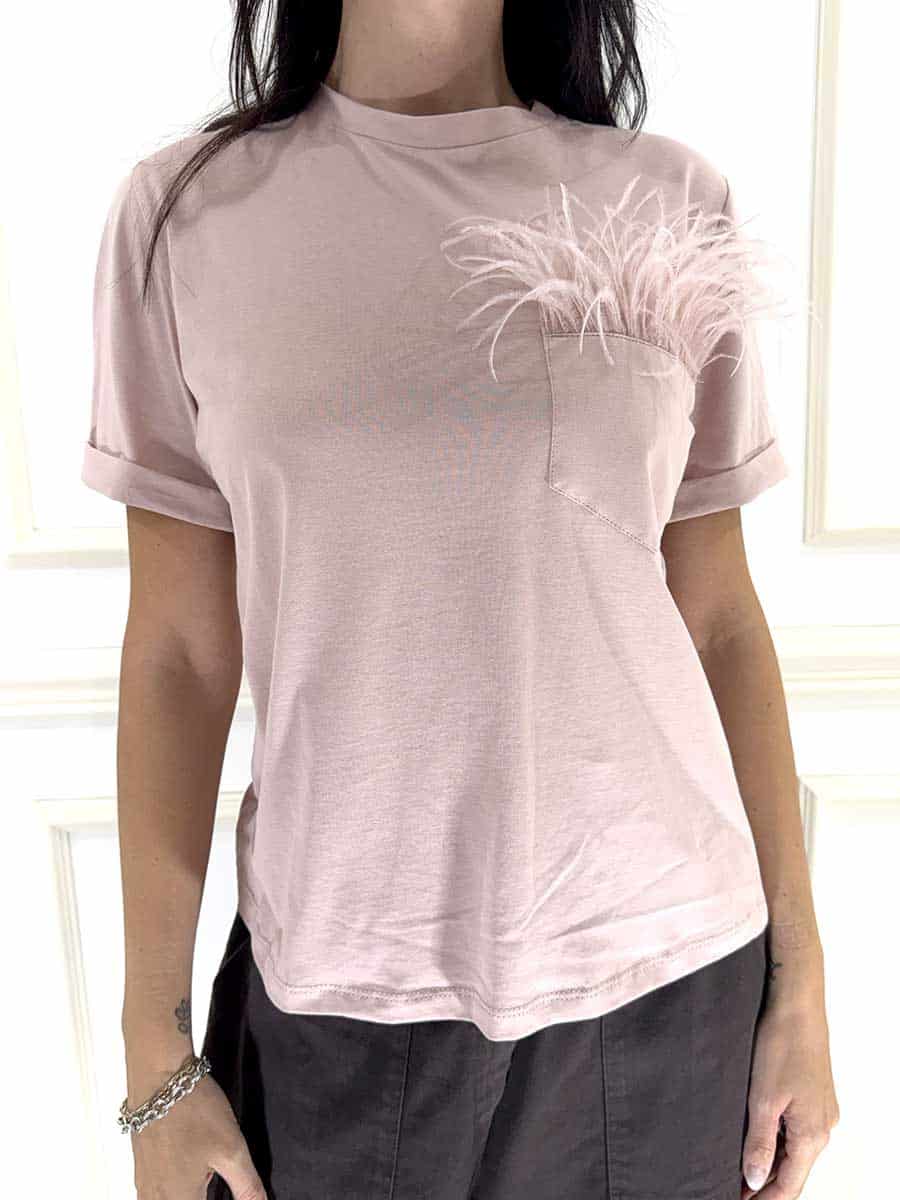 T-SHIRT CON PIUME NEL TASCHINO ART. W26M594 - MOTEL - ROSA, M