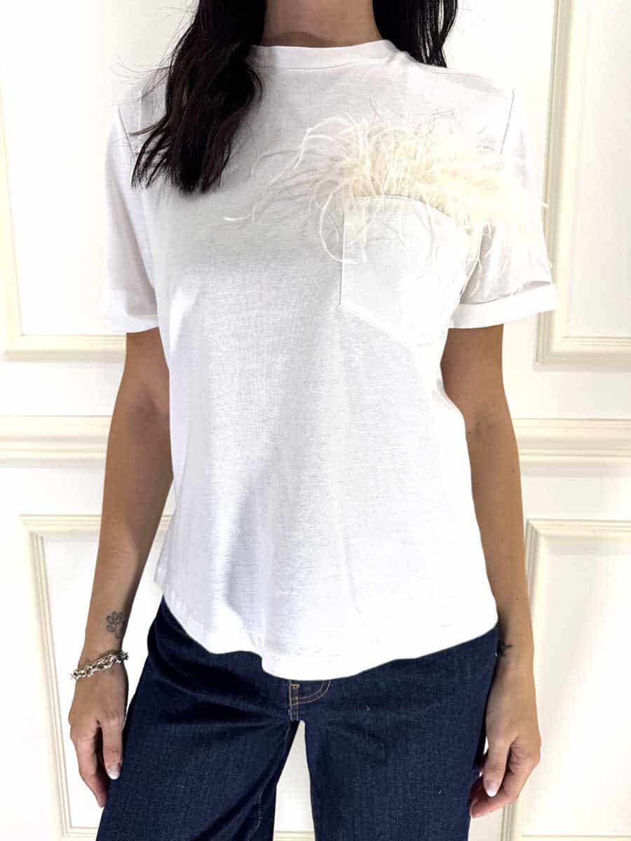 T-SHIRT CON PIUME NEL TASCHINO ART. W26M594 - MOTEL - BIANCO, S